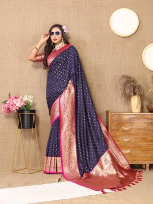 Navy blue elegant art silk woven saree with rich zari border 4