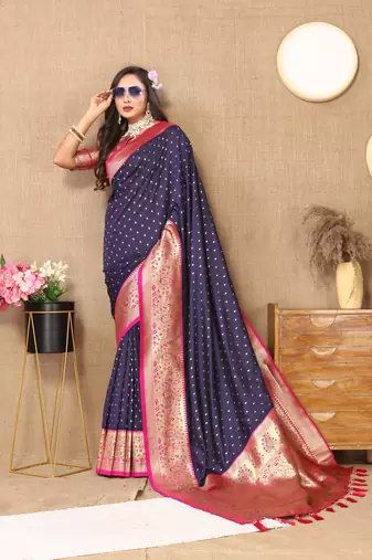 Navy blue elegant art silk woven saree with rich zari border