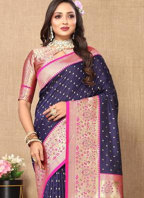 Navy blue elegant art silk woven saree with rich zari border 5