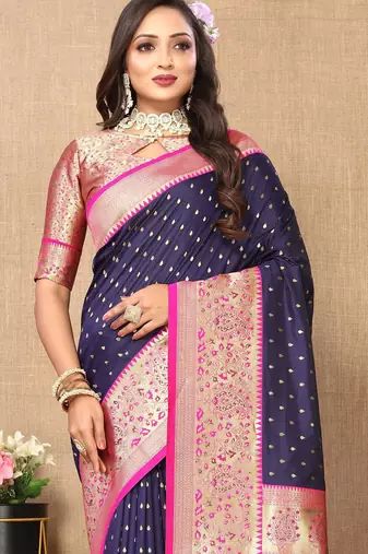 Navy blue elegant art silk woven saree with rich zari border