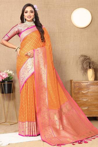 Orange elegant art silk woven saree with rich zari border
