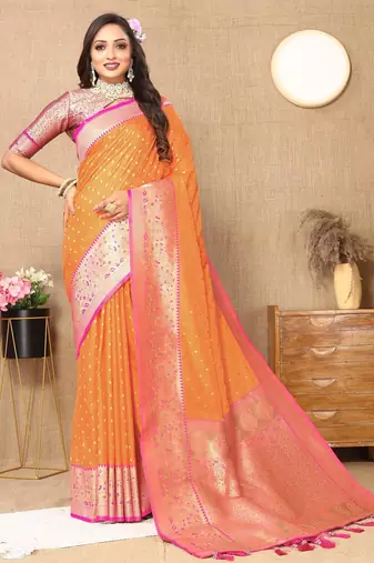 Orange elegant art silk woven saree with rich zari border