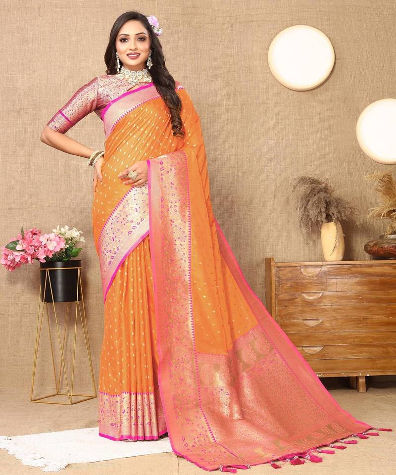 Orange elegant art silk woven saree with rich zari border