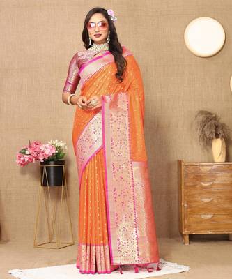 Orange elegant art silk woven saree with rich zari border 3