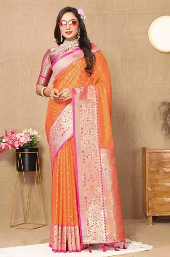 Orange elegant art silk woven saree with rich zari border