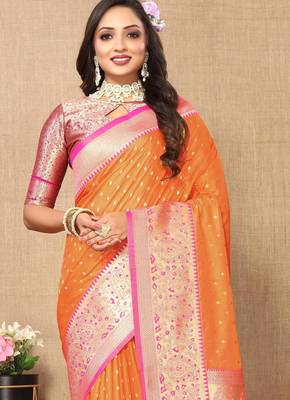 Orange elegant art silk woven saree with rich zari border 4