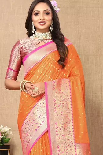 Orange elegant art silk woven saree with rich zari border