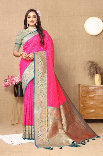 Pink elegant art silk woven saree with rich zari border