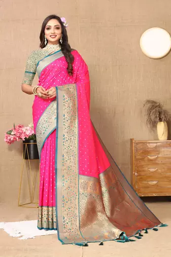 Pink elegant art silk woven saree with rich zari border