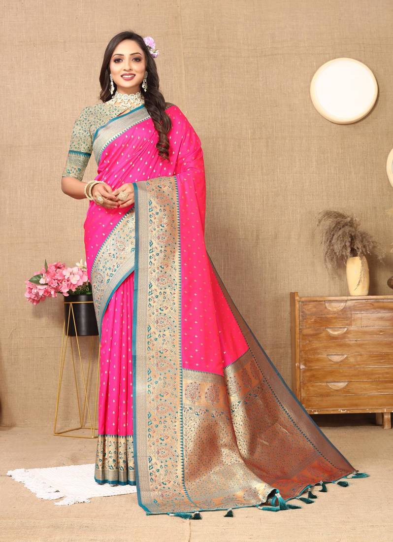 Pink elegant art silk woven saree with rich zari border