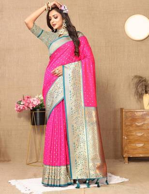 Pink elegant art silk woven saree with rich zari border 3