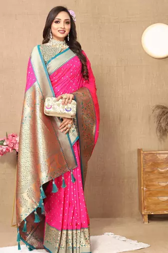 Pink elegant art silk woven saree with rich zari border