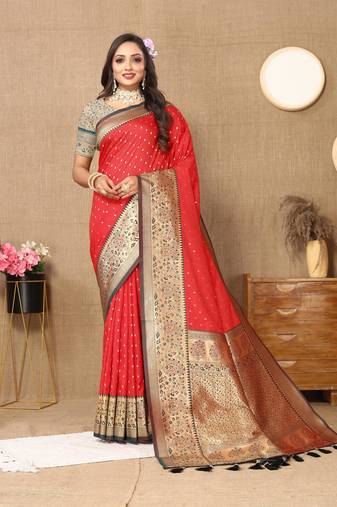 Red elegant art silk woven saree with rich zari border