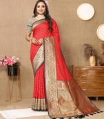 Red elegant art silk woven saree with rich zari border