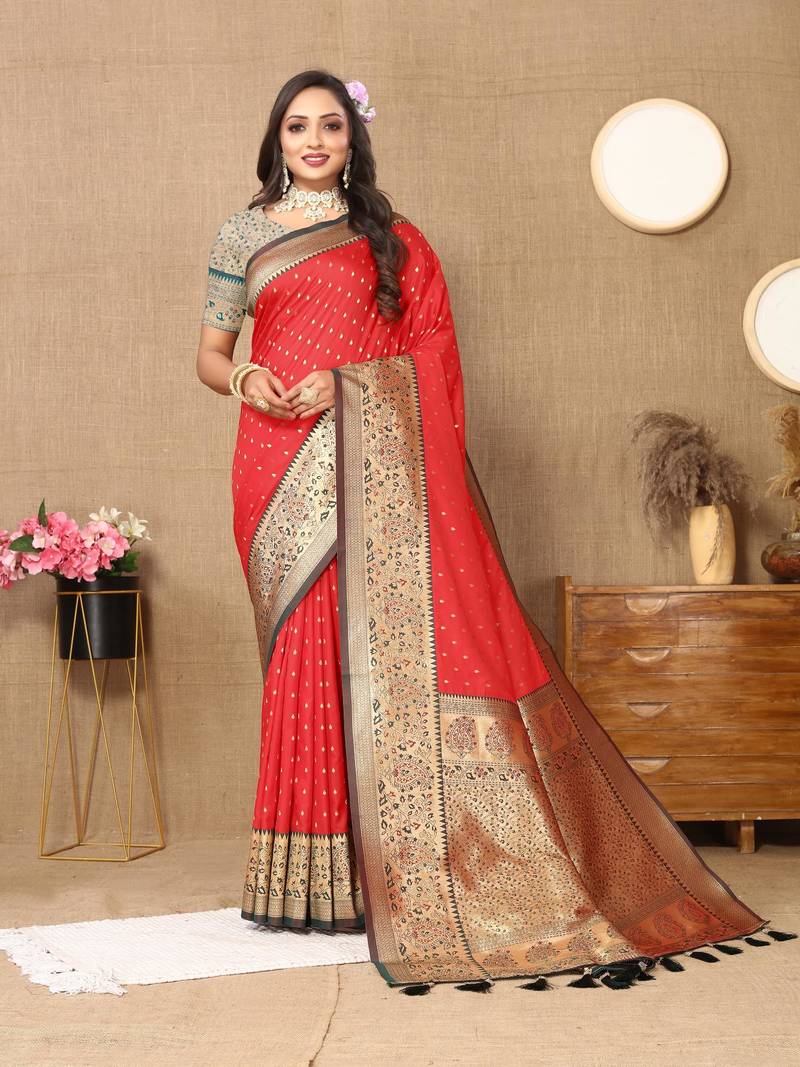Red elegant art silk woven saree with rich zari border