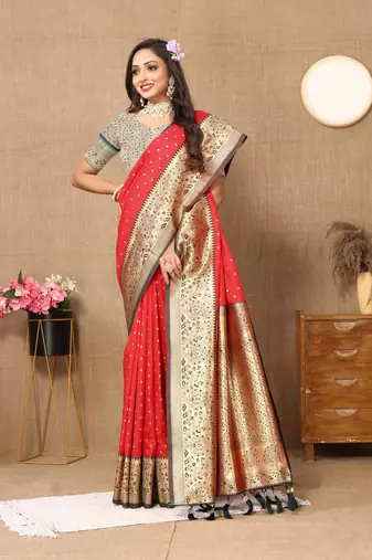 Red elegant art silk woven saree with rich zari border