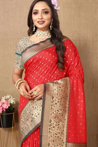 Red elegant art silk woven saree with rich zari border