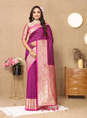 Wine elegant art silk woven saree with rich zari border 1