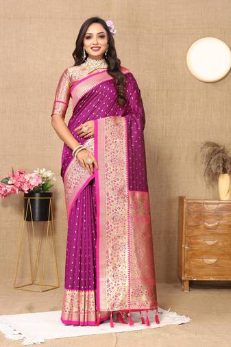 Wine elegant art silk woven saree with rich zari border