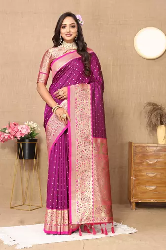 Wine elegant art silk woven saree with rich zari border