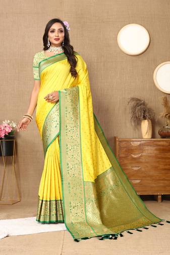Yellow elegant art silk woven saree with rich zari border