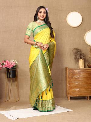 Yellow elegant art silk woven saree with rich zari border 3