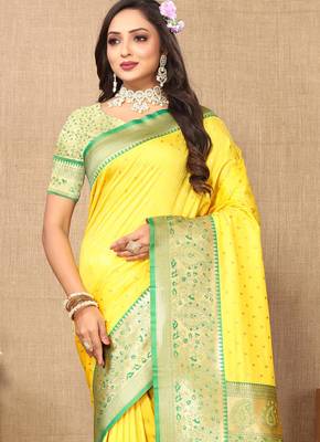 Yellow elegant art silk woven saree with rich zari border 4