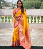 Yellow elegant art silk woven saree with rich zari border