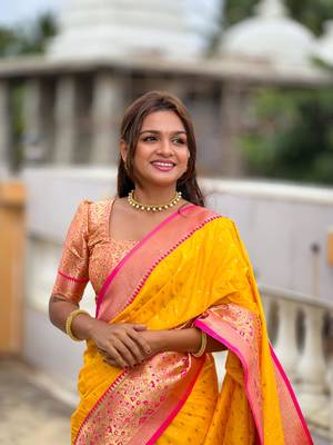 Yellow elegant art silk woven saree with rich zari border 3