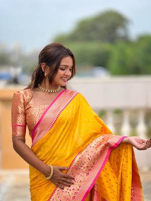 Yellow elegant art silk woven saree with rich zari border 4