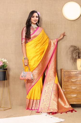 Yellow elegant art silk woven saree with rich zari border