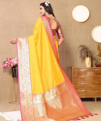 Yellow elegant art silk woven saree with rich zari border 2