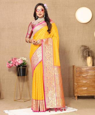 Yellow elegant art silk woven saree with rich zari border 3