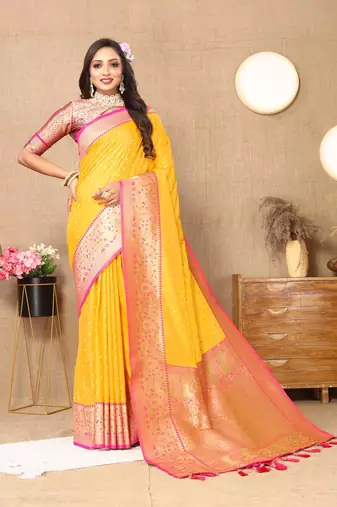 Yellow elegant art silk woven saree with rich zari border