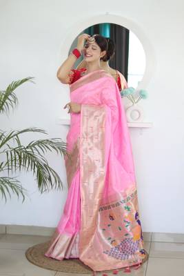 Pink elegant art silk woven saree with rich zari border 3