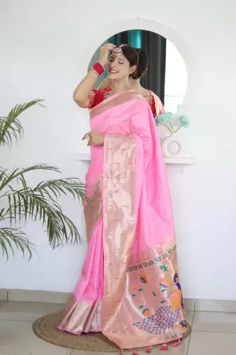 Pink elegant art silk woven saree with rich zari border