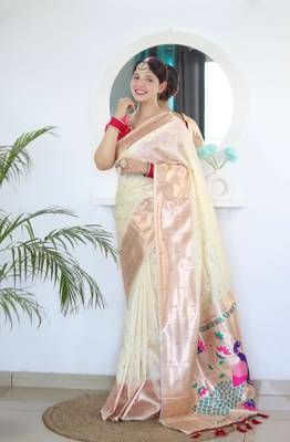 Cream elegant art silk woven saree with rich zari border 1