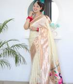 Cream elegant art silk woven saree with rich zari border