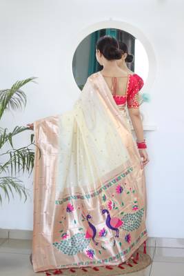 Cream elegant art silk woven saree with rich zari border 2