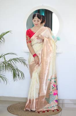 Cream elegant art silk woven saree with rich zari border 3
