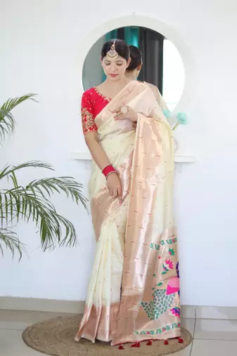 Cream elegant art silk woven saree with rich zari border