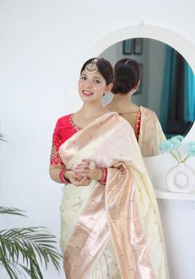 Cream elegant art silk woven saree with rich zari border 4