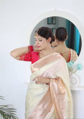 Cream elegant art silk woven saree with rich zari border 5