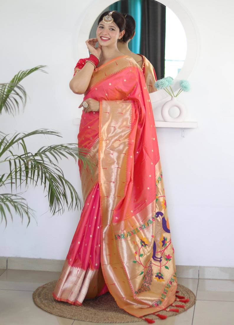 Pink elegant art silk woven saree with rich zari border