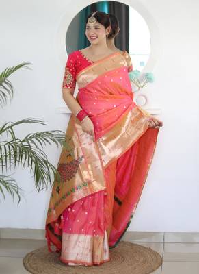 Pink elegant art silk woven saree with rich zari border 3