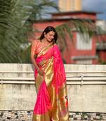Pink elegant art silk woven saree with rich zari border