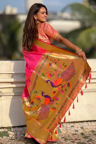Pink elegant art silk woven saree with rich zari border