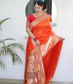 Orange elegant art silk woven saree with rich zari border