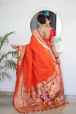 Orange elegant art silk woven saree with rich zari border 2