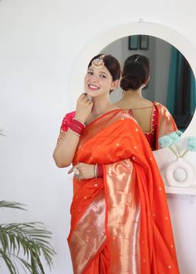 Orange elegant art silk woven saree with rich zari border 5
